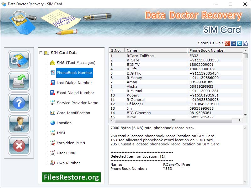 SIM card data restoration tool rescue deleted text SMS and phone contact numbers